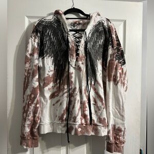 Affliction White and Pink Tie-Dye Lace-Up Hoodie with Black Emblem